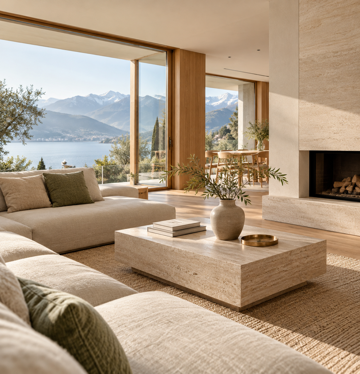 Heller Wohnraum mit Eichenholz, Travertin, beigem Leinensofa und Blick auf See und Berge